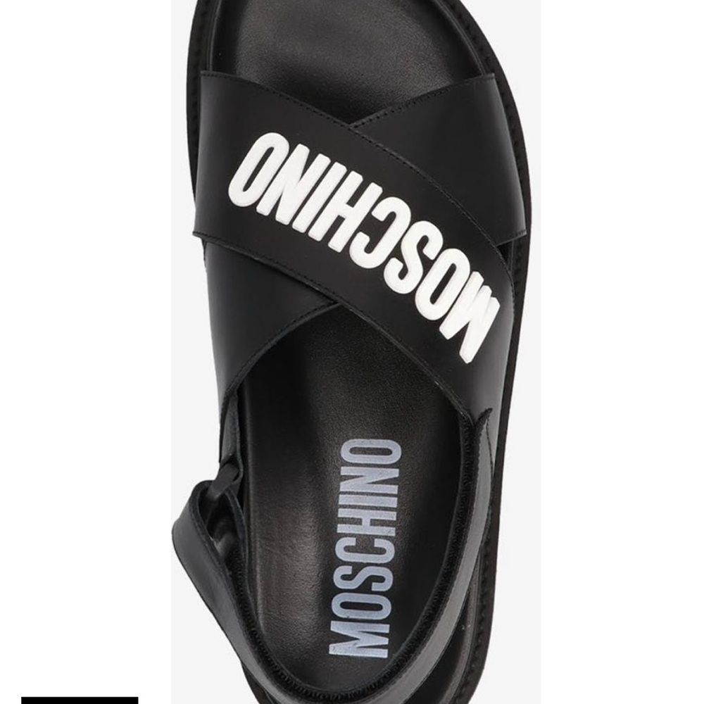 Moschino Black Leather Sandals with Silver Logo Plaque